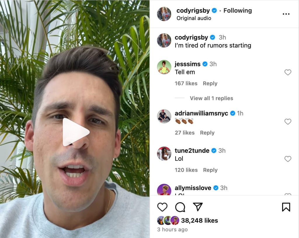 Cody Rigsby's Instagram post updating members that he signed a new contract with Peloton.